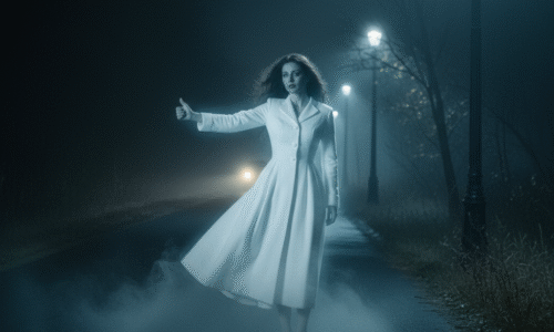 Una donna fantasma che fa autostop sul ciglio di una strada poco illuminata